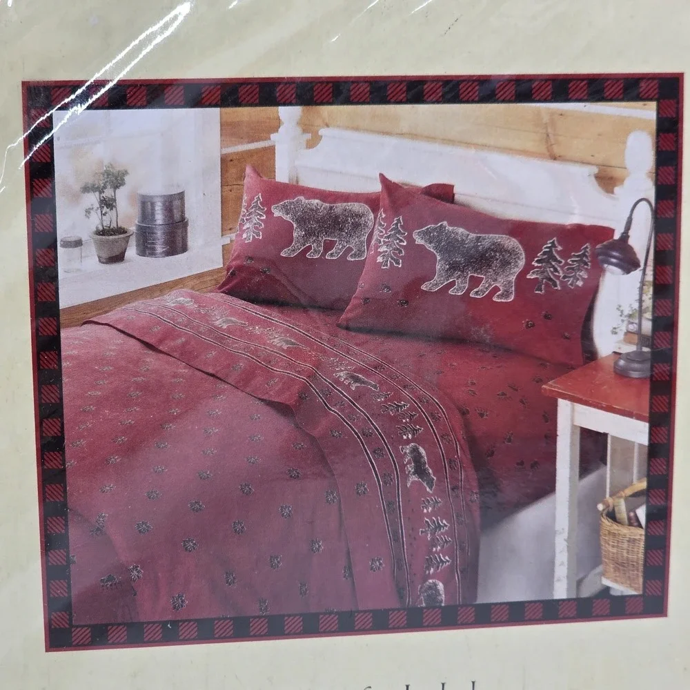 Woolrich Holiday Red Flannel Twin Sheet Set Christmas Outdoor Lodge Cabin Bear
